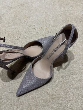 Stuart Weitzman Glitter Pointed Toe Slingback Heels in Silver